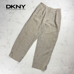 美品 DKNY ダナキャラン リネン100% グレンチェック ワイドパンツ ボトムス レディース ベージュ サイズ6*SC286