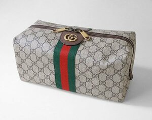 美品* GUCCI ◆ GGスプリーム キャンバス ポーチ ブラウン マルチケース ドップキット 小物入れ ウェブストライプ グッチ ◆ZZ9