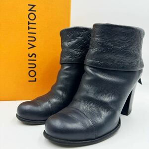 1円 【極美品】 LOUIS VUITTON ルイヴィトン ショートブーツ ヒール モノグラム アンプラント レザー ネイビー 38 24.5cm 