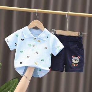 ♪ｍineka♪ベビークマ柄シャツ+パンツ2点セット 半袖Tシャツ ショートパンツ クマプリント 子供服 綿製 普段着 ブルー 110CM 211651/5T