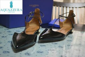 AQUAZZURA アクアズーラ パテントレザー Ｔストラップ フラットパンプス 黒 40 イタリア製 未使用 メーガン妃御用達ブランド