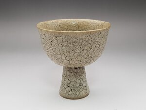 白磁 貫入 高足杯 時代唐物 高さ約8.9cm / 宋元時代 茶碗 盃 杯 盞 小鉢 茶道具 煎茶道具 酒器 唐物 人間国宝 李朝 高麗 古玩 古董