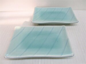 ★ 91294 角皿 高峰 青磁 2枚セット 幅22ｘ奥行14.5cm 磁器 和食器 平皿 中皿 角皿 焼き物皿 中古★*