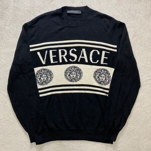 【極美品・現行】 VERSACE ヴェルサーチ メンズ クルーネック ニット セーター メデューサ ウール ジャガードロゴ ブラック 50 XLサイズ