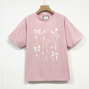 高級ヨーロッパ製※定価2万◆ブルガリア発※RISELIN 半袖Tシャツ 上質 綿100％ 通気 涼しい 薄手 リボン柄 着せ 可愛い レディース M/46