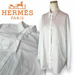 p29 HERMES エルメス 長袖 シャツ ブラウス ホワイト 白 38 コットン100% フランス製 ロング 正規品