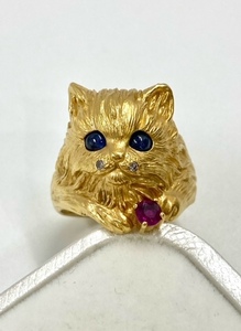 貴金属 K18 リング 猫リング 猫 ネコ キャット キャッツ 太め ごつめ 指輪 サファイア ルビ― ダイヤ ダイヤモンド ジュエリー 宝石 保管品