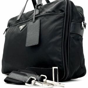 1円〜【極上】PRADA プラダ 2way ビジネスバッグ ショルダー 肩掛けトート A4収納 三角プレート サフィアーノレザー ブラック メンズ 黒色