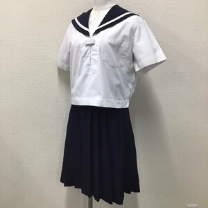 O156 (中古) 校名不明 セーラー服 上下セット /M/W64/L53/セーラー/スカート/白1本ライン/半袖/夏服/制服/学生服/女子学生/中学校/高校