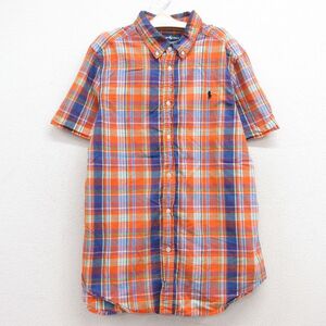 古着 ラルフローレン 半袖 ブランド シャツ キッズ ボーイズ 子供服 90s ワンポイントロゴ コットン ボタンダウン オレンジ