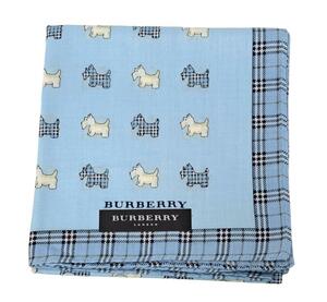 未使用 バーバリー ハンカチ 綿　100％ 犬柄 ドッグ チェック レディース　BURBERRY　LONDON 水色　【中古】