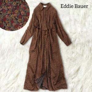 8 【Eddie Bauer】 エディーバウアー 花柄 ロングワンピース シャツワンピース S ブラウン 茶色 小花柄 レトロ 総柄 長袖 春 夏 秋 ベルト 