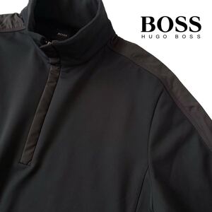 (美品) ヒューゴ ボス HUGO BOSS ハーフジップ プルオーバー ストレッチ スウェット L ブラック ブラウン ハイネック 