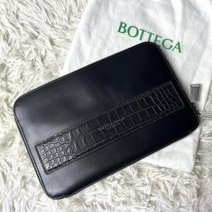 未使用級〇現行〇BOTTEGA VENETA セカンドバッグ クロコダイル メンズ クラッチバッグ レザー 黒 ブラック ラウンドファスナー リアル