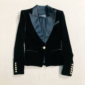 ★BALMAIN バルマン テーラードジャケット アウター ベルベット 上質 パワーショルダー ブラック サイズ36 レディース 0.75kg