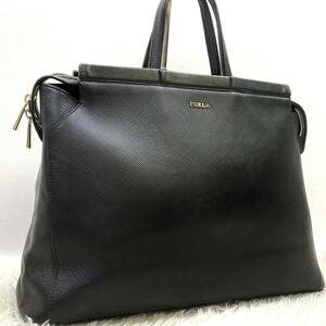 1円 【美品】 FURLA フルラ トートバッグ A4収納 レザー ブラック メンズ 紳士 ビジネス 大容量 通勤 仕事鞄 ブリーフケース レディース