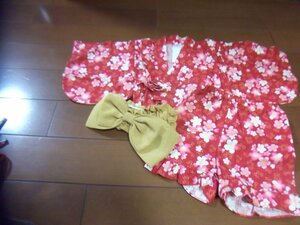 新品　女児　浴衣ドレス　上下セット　帯付き　赤　お花　サイズ80　日本製　切手可　クリックポスト発送可