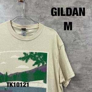 GILDAN ギルダン Tシャツ 半袖 ベージュ M メンズ 夏服 コットン クルーネック ビッグプリント MOLottery USA 海外輸入 古着 TK10121