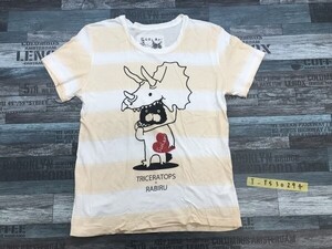 SCOLAR レディース トリケラトプス × ラビル キャラクタープリント ボーダー半袖Tシャツ 2 白肌色