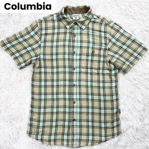 COLUMBIA コロンビア 重ねガーゼ コットン チェック 半袖シャツ L グリーン系 メンズ