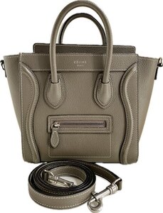 【即決/国内正規品】 CELINE セリーヌ ナノショッパー 168243DRU 型押しカーフ ２WAYショルダーバッグ ハンドバッグ グレー ストラップ付