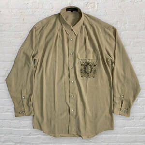 レア【OLD PLAYBOY】vintage オールドプレイボーイ 刺繍ポケット プリーツシャツ 古着 比翼 ポリエステル100% ベージュ オーバーサイズ