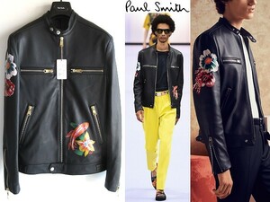 新品 定価198000円 Paul Smith ポールスミス メインライン 2018SS 魚/花ハンドペイント ラムレザーライダースジャケット XS 黒 イタリア製