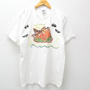 L/古着 リー Lee 半袖 ビンテージ Tシャツ メンズ 90s ハロウィン かぼちゃ ハンドペイント クルーネック 白 ホワイト 24may