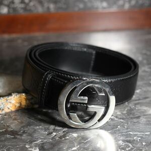 GUCCI GG PATTERNED EMBOSSED LOGO BUCKLE LEATHER BELT/グッチGG柄型押しロゴバックルレザーベルト