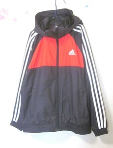 adidas アディダス 内側メッシュ 150cm 男の子 フード付き ウインドブレーカー ナイロンジャケット ３本ライン 黒赤 6303