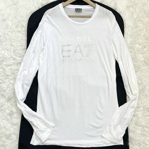 XL相当●エンポリオアルマーニ EMPORIO ARMANI Tシャツ ロンT 長袖 銀箔ロゴ ラメ シルバー デカロゴ ストレッチ 白 ホワイト EA7 トップス