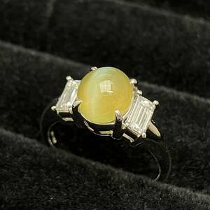 新品仕上済み 鑑別カード付 天然 クリソベリルキャッツアイ 2.66ct ダイヤ 0.522ct デザイン リング Pt900 10号 7.1g プラチナ 指輪