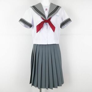 1円 セーラー服 スカート スカーフ 上下3点セット 夏物 黒3本線 女子 学生服 宮崎住吉中学 白 制服 中古 ランクC NA7615