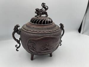 高岡銅器　香炉　獅子蓋　龍耳　米田秀保　骨董品　EL-241308005