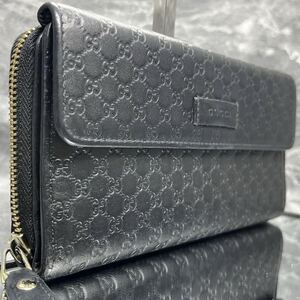 1円■美品■ GUCCI グッチ メンズ ビジネス 長財布 折り財布 ラウンドファスナー オーガナイザー マイクロ シマ ブラック 黒 レザー ロゴ