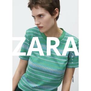 【美品】ZARA グリーン半袖ニット　総柄