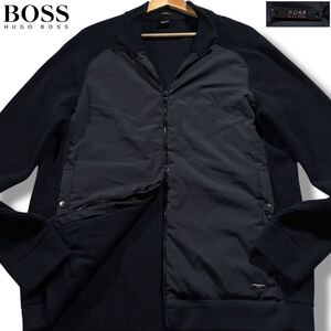 XLサイズ●ヒューゴボス 中綿 ドライバーズニット ナイロン切替 ジャケット ブルゾン HUGO BOSS ダブルジップ ロゴ金具プレート ネイビー