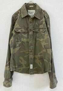 良品　Abercrombie ＆ Fitch　アバクロ　長袖　迷彩　ミリタリーシャツ　ダメージ加工　メンズ　Mサイズ　アメカジ　US古着