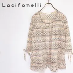 3824【Lacifonelli】チュニック［L］七分袖　総柄　リボン　ブラウス