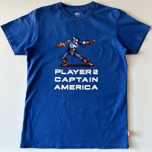 キャプテンアメリカ 半袖 Tシャツ 160サイズ ユニクロ 中古 ブルー 男性XS 女性S相当 アメコミ MARVEL captain America ドット ピクセル