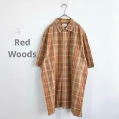 Red Woods チェックシャツ　半袖　綿　麻混　ブラウン　LL