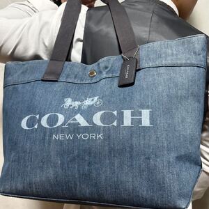 美品/大容量◎ コーチ COACH デニム トートバッグ メンズ ビジネス A4収納◎ 肩掛け キャンバス レザー デカロゴ インディゴ 青 ブルー