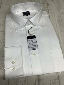42-85★Ｌサイズ 新品お買い得　白ドビー柄　ワイドカッターシャツ スナップダウン　日本製　高級品　形態安定加工　ドレスシャツ　 綿ポリ