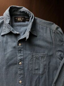 【名作】極美品 RRL INDIGO STRIPE WORK SHIRT ダブルアールエル インディゴ ストライプ ウォバッシュ ワバッシュ デニム シャツ XS