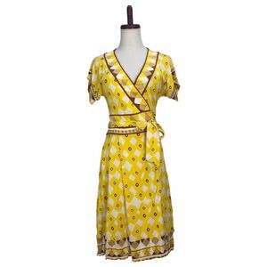 美品　DIANE VON FURSTENBERG ダイアンフォンファステンバーグ　レディース　イエロー　シルク100 総柄　半袖　巻きワンピース　2表記