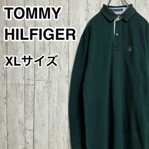 ☆送料無料☆ TOMMY HILFIGER トミーヒルフィガー 長袖 ポロシャツ XLサイズ ダークグリーン オールドタグ オールドエンブレム