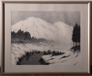 【真作】絵画　水墨画6号　冬の静寂　雪山と川辺の墨絵風景　厳冬の山麓　V23