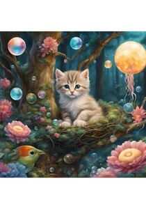 子猫　花　月星　ねこ　イラスト 絵画　絵　インテリア　Ｌ版プリント ★NO99