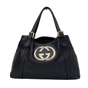 1円 ◆ GUCCI グッチ トートバッグ ハンドバッグ ニューブリット インターロッキングG ゴールド金具 162094 黒 ブラック シェリーライン