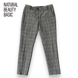 【美品】NATURAL BEAUTY BASIC ナチュラル ビューティー ベーシック ウール チェック スラックス ボトムス パンツ グレー Mサイズ 日本製